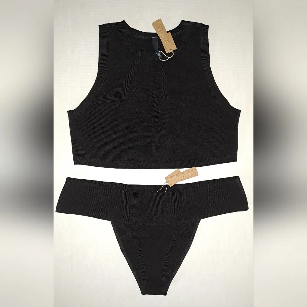 ❤️NWT SKIMS 2 Piece Knit swim high neck top & cheeky bikini Set Black ONYX 3X